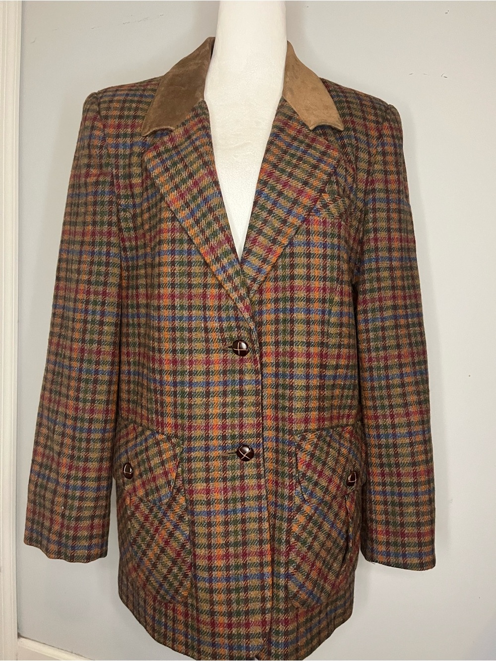 Vintage Forenza Plaid Blazer with Leather Lapels and Wood Buttons